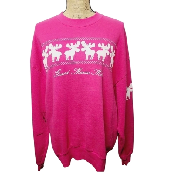 Vintage 80s Jerzees Barbiecore Hot Pink Moose Crewneck Pullover Sweatshirt - Picture 1 of 14
